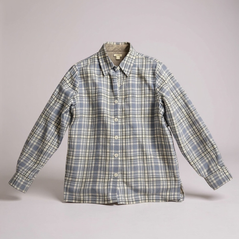 LL Bean Shirt Women XSmall Blue Flannel Sherpa Fleece Lined Snap Up Hike Shacket